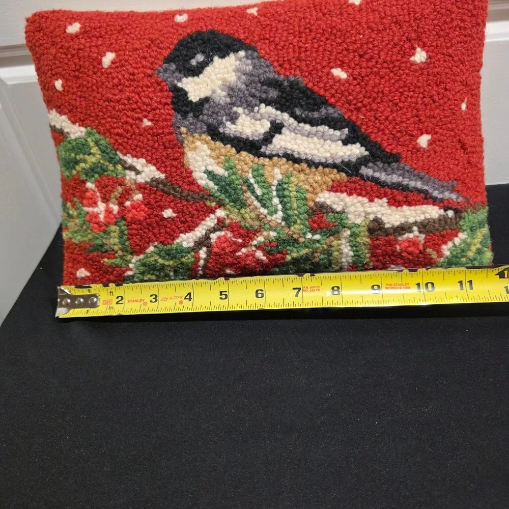 Vintage Hand Hooked Wool Chickadee Bird Accent Pillow, Red, Christmas Decor